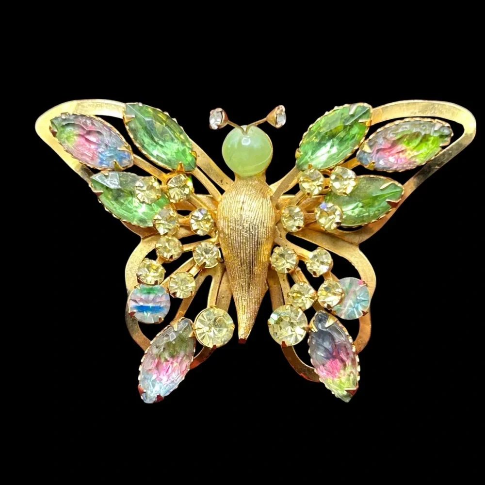 Vintage Selini Molded Iris Glass Rhinestone Butterfly Brooch